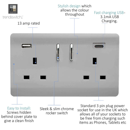Trendi 2 Gang Artistic Modern Glossy 13 Amp 2 x Type A & C 3100mA USB Switched Plug Socket Brushed Steel