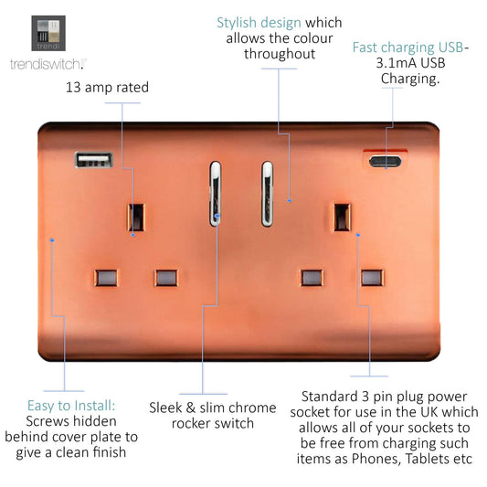 Trendi 2 Gang Artistic Modern Glossy 13 Amp 2 x Type A & C 3100 mA USB Switched Plug Socket Copper