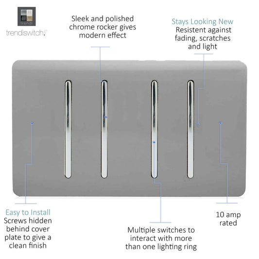 Trendi Artistic Modern Glossy 4 Gang 2 Way Rocker Double Plate Tactile Light Switch Light Grey