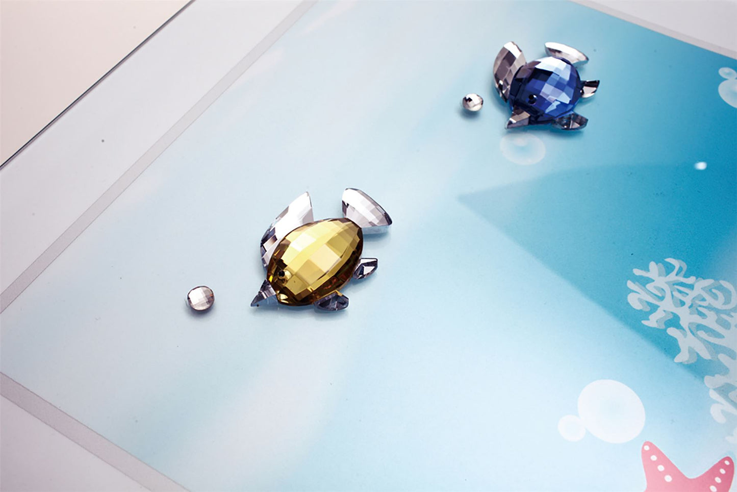 Diyas Home Crystal Wall Art (DH) Aqua Swimming Fish, Black Frame, Amber, Blue, Clear Crystal Framed