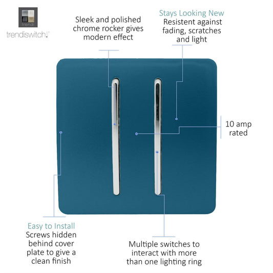 Trendi 2 Gang (2 Way & 3 way Intermediate) 240V Screwless Raised Front Plate Plastic Artistic Modern Glossy 10 Amp Chrome Rocker Double Electrical Wall Light Switch Midnight Blue - ART-SS29MD