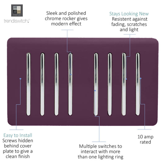 Trendi Artistic Modern Glossy 8 Gang 2 Way Rocker Double Plate Tactile Light Switch Plum