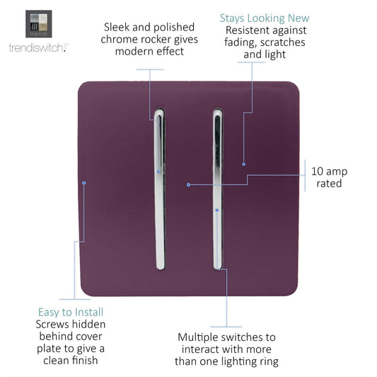 Trendi 2 Gang (2 Way & 3 way Intermediate) 240V Screwless Raised Front Plate Plastic Artistic Modern Glossy 10 Amp Chrome Rocker Double Electrical Wall Light Switch Plum Purple - ART-SS29PL