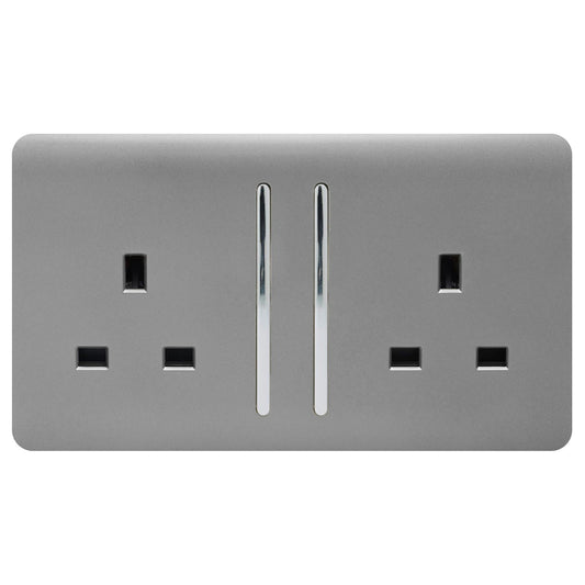 Trendi 2 Gang Artistic Modern Glossy 13 Amp Switched Tactile Plug Socket Light Grey (3 Pack)
