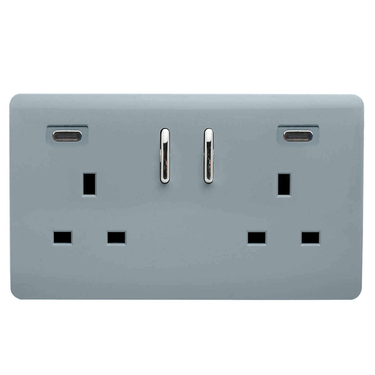 Cool Grey Screwless 2 Gang Switched Double Socket 13A With 2 x USB-C 65W (Shared), (35mm Back Box Req.), 10yrs Warranty