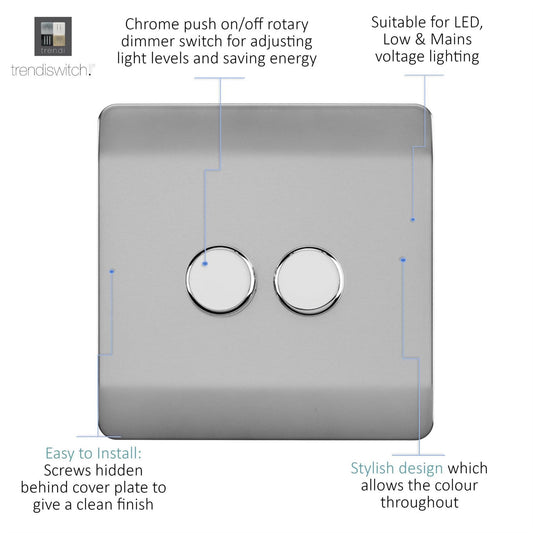 Trendi 2 Gang 2 Way 240V 100w LED Dimmer Screwless Raised Front Plate Plastic Artistic Modern Glossy 10 Amp Chrome Single Electrical Wall Light Switch in Brushed Steel - ART-2LDMBS