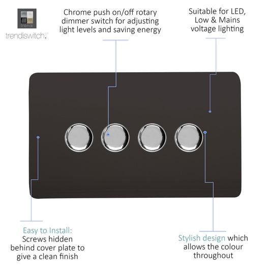 Trendi 4 Gang 2 Way 240V 100w LED Dimmer Screwless Raised Front Plate Plastic Artistic Modern Glossy 10 Amp Chrome Single Electrical Wall Light Switch in Mocha Brown - ART-4LDMDB