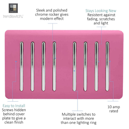 Trendi Artistic Modern Glossy 8 Gang 2 Way Rocker Double Plate Tactile Light Switch Pink