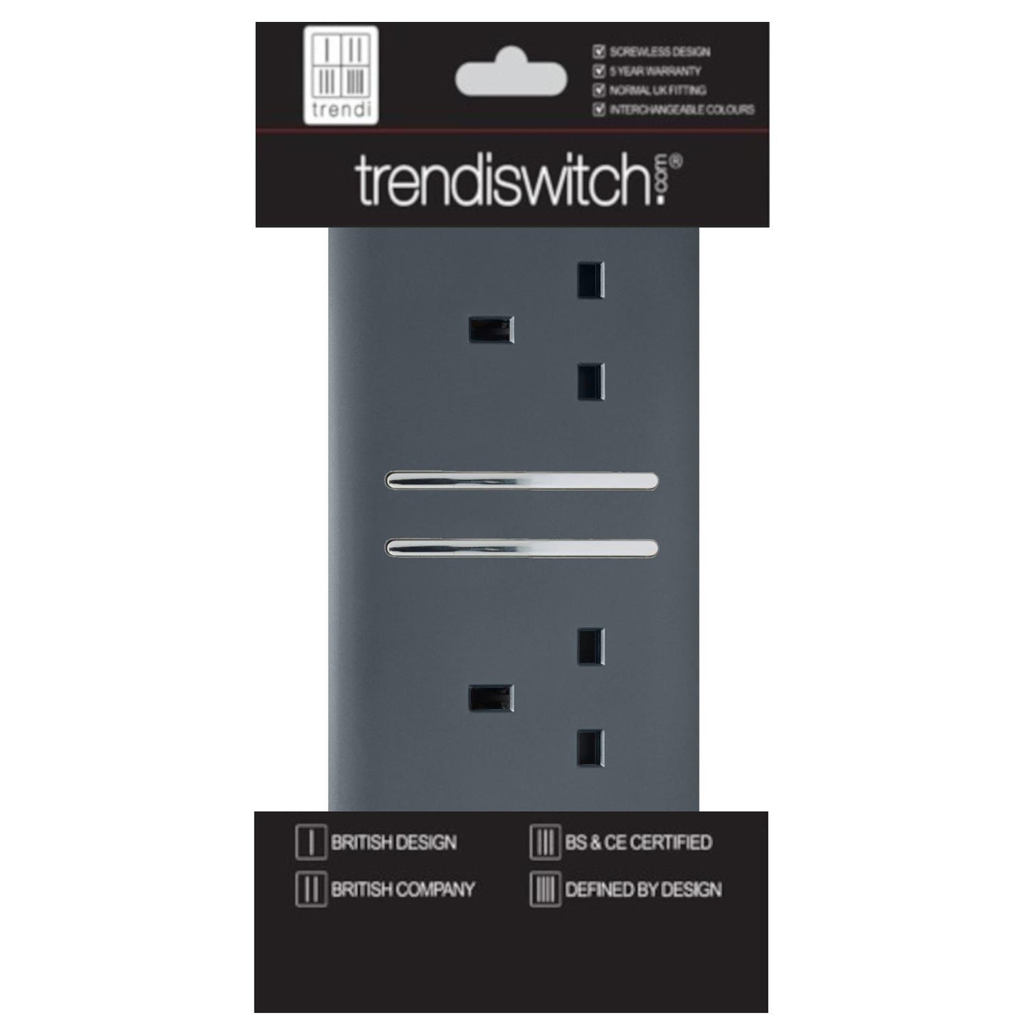 Trendi 2 Gang Artistic Modern Glossy 13 Amp Switched Plug Socket Warm Grey (7 Pack)