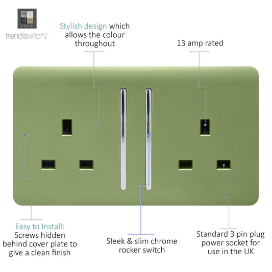 Trendi 2 Gang Artistic Modern Glossy 13 Amp Switched Plug Socket Moss Green (7 Pack)