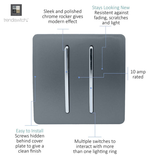 Trendi 2 Gang (2 Way & 3 way Intermediate) 240V Screwless Raised Front Plate Plastic Artistic Modern Glossy 10 Amp Chrome Rocker Double Electrical Wall Light Switch Warm Grey - ART-SS29WG