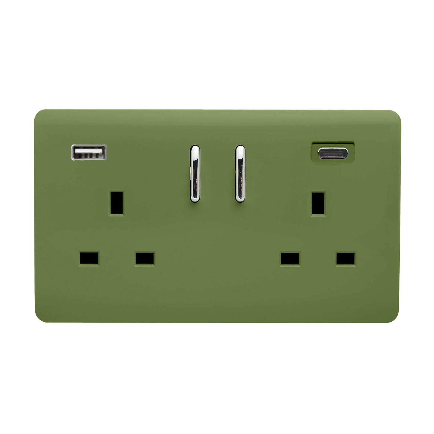 Moss Green Screwless 2 Gang Switched Double Socket 13A With 1 x USB-A & 1 x USB-C 65W (Shared), (35mm Back Box Req.), 10yrs Warranty
