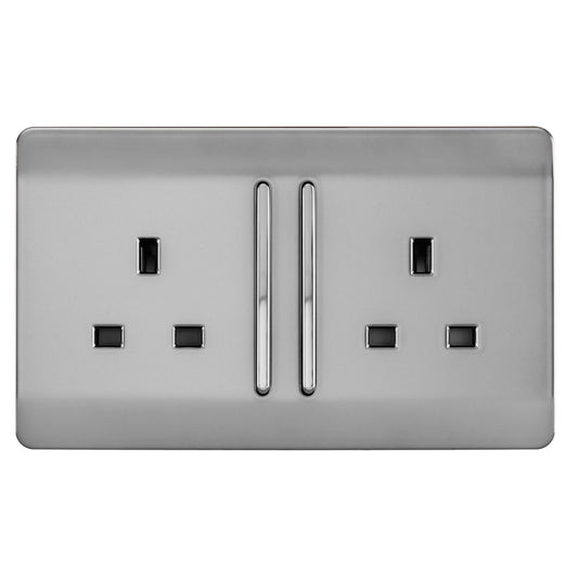 Trendi 2 Gang Artistic Modern Glossy 13 Amp Long Switched Plug Socket Stainless Steel (5 Pack)