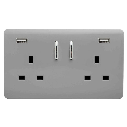 Trendi 2 Gang Artistic Modern Glossy 13 Amp 2 x 3.1mA USB Switched Plug Socket Light Grey