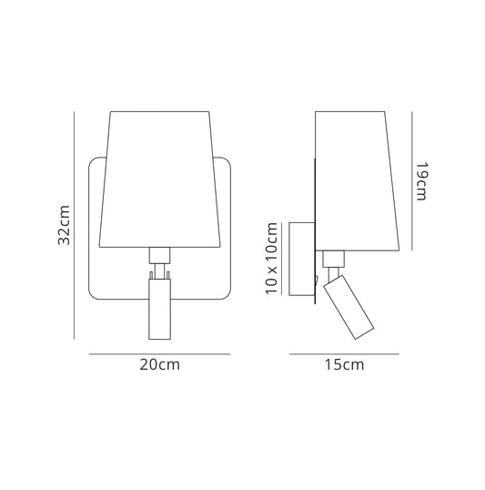 Mantra M5231 Bahia Wall Light with Large Back Plate 1 Light E27 + Reading Light 3W LED with Black Shade Satin Nickel 4000K, 200lm,, 3yrs Warranty