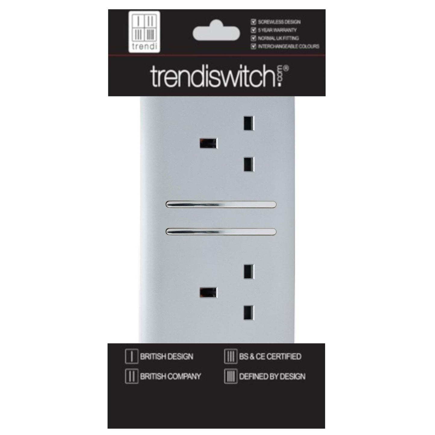 Trendi 2 Gang Artistic Modern Glossy 13 Amp Switched Plug Socket Silver (7 Pack)