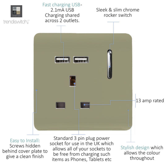 Trendi 1 Gang Artistic Modern Glossy 13 Amp 2 x 2.1mA USB Switched Tactile Plug Socket Gold