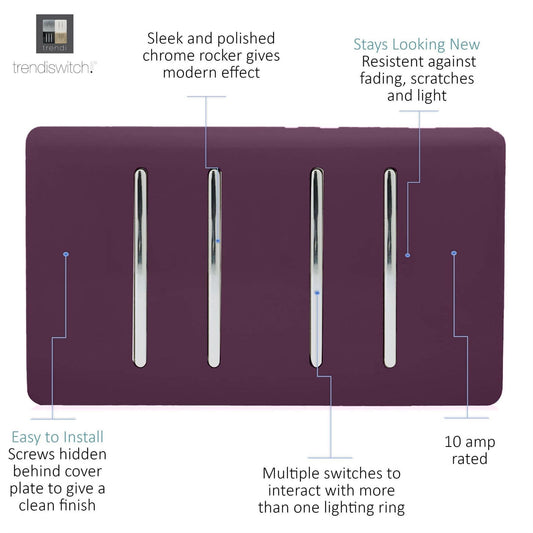 Trendi 4 Gang 3 Way Intermediate Artistic Modern Glossy 10 Amp Rocker Light Switch Plum