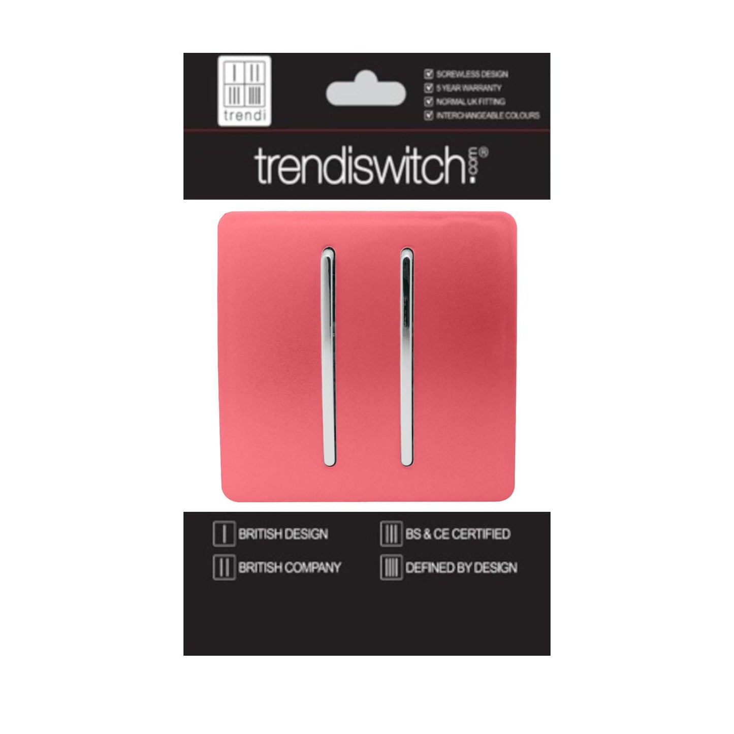 Trendi 2 Gang 2 Way 240V Screwless Artistic Modern Glossy 10 Amp Chrome Rocker Electrical Wall Light Switch in Strawberry Red (2 pack)