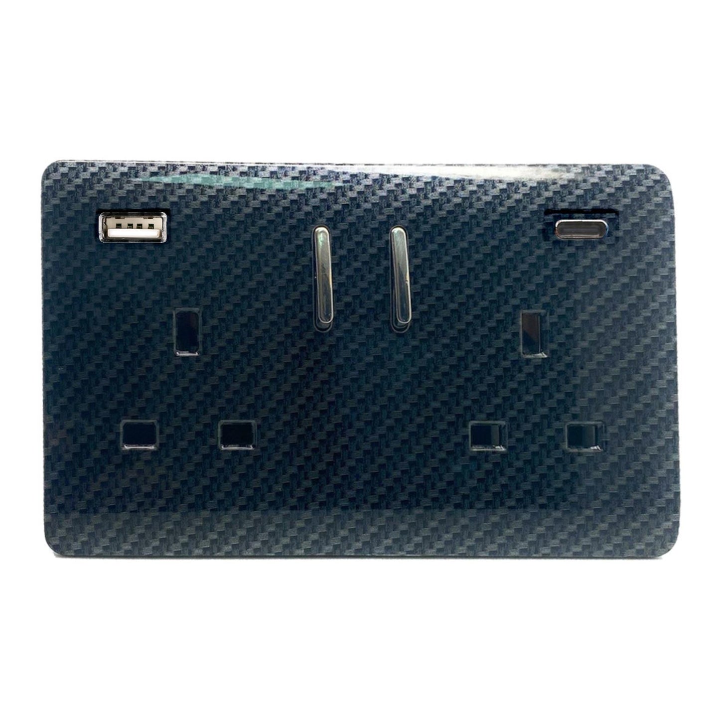 Carbon Fibre Screwless 2 Gang Switched Double Socket 13A With 1 x USB-A & 1 x USB-C 65W (Shared), (35mm Back Box Req.), 10yrs Warranty