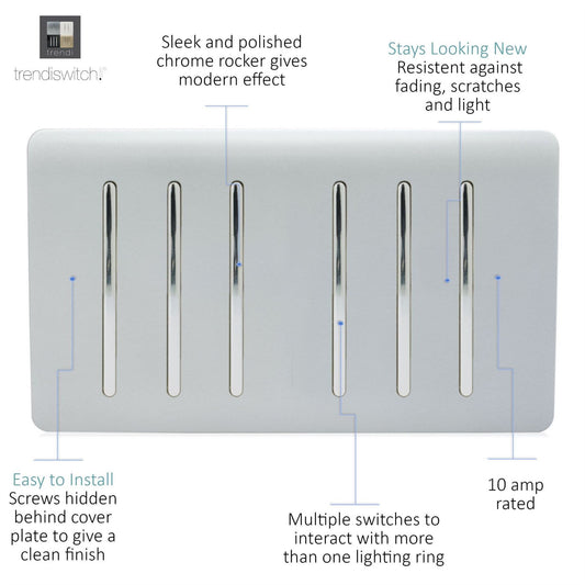 Trendi 6 Gang 2 Way Rocker Double Plate Light Switch in Silver - ART-SS66SI