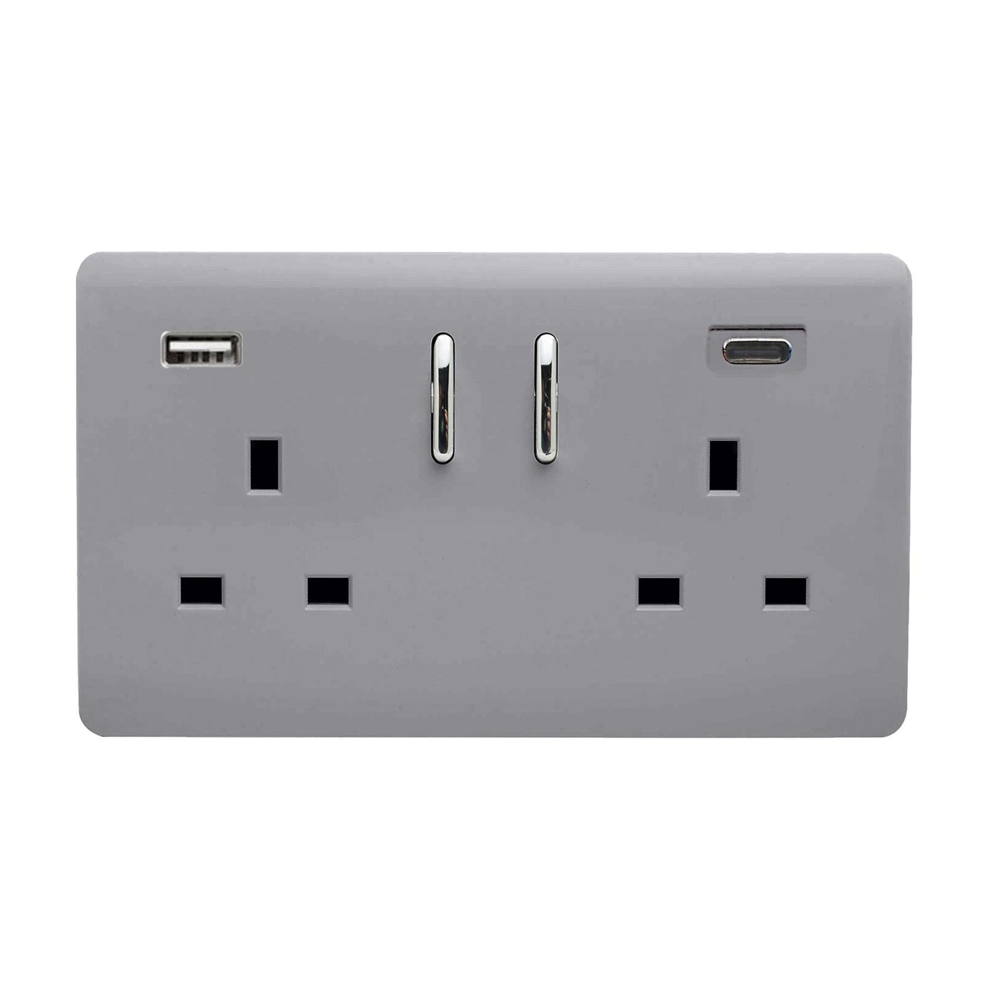 Platinum Silver Screwless 2 Gang Switched Double Socket 13A With 1 x USB-A & 1 x USB-C 45W (Shared), (35mm Back Box Req.), 10yrs Warranty