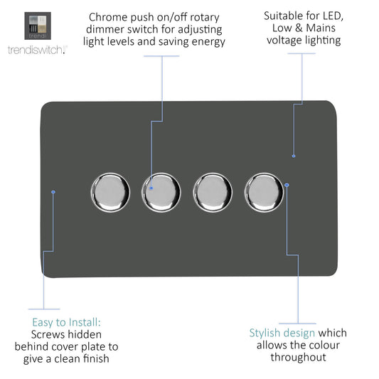 Trendi 4 Gang 2 Way 240V 100w LED Dimmer Screwless Raised Front Plate Plastic Artistic Modern Glossy 10 Amp Chrome Single Electrical Wall Light Switch in Charcoal - ART-4LDMCH