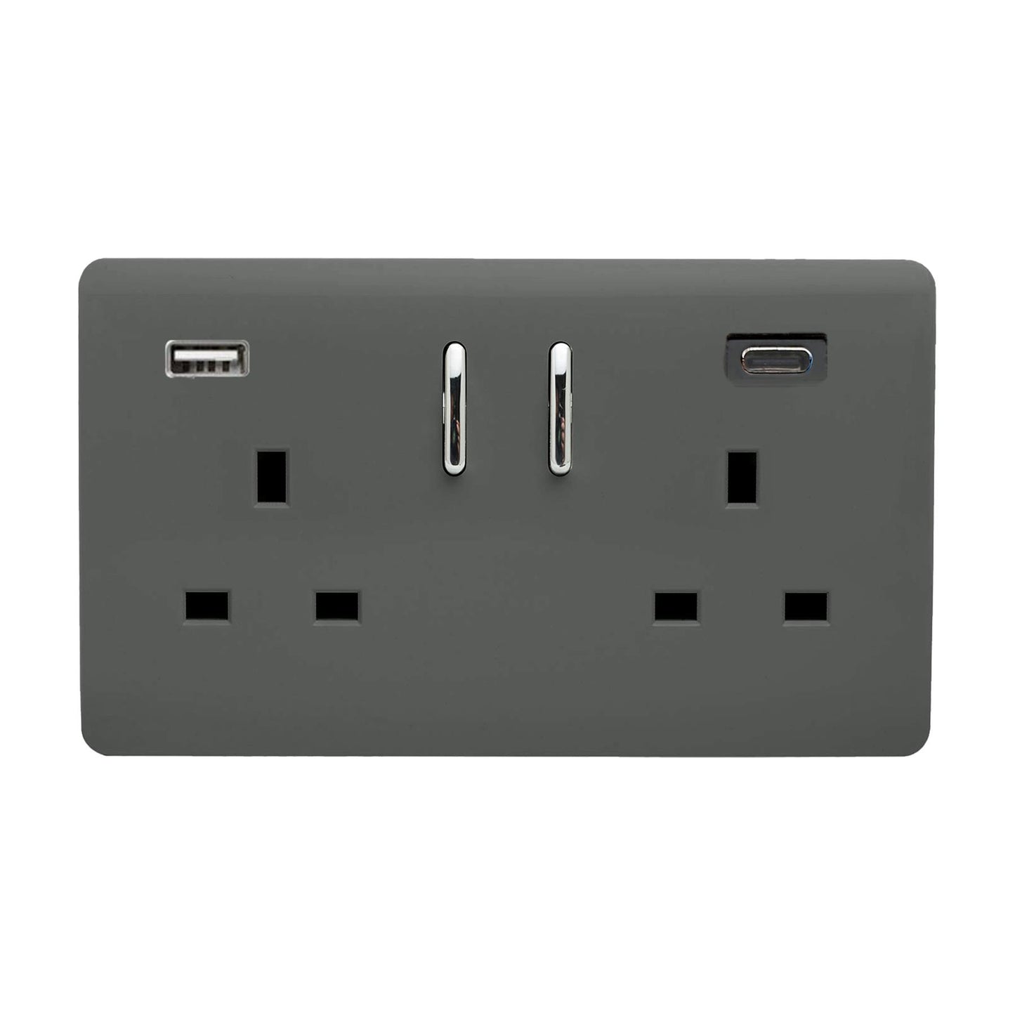 Charcoal Screwless 2 Gang Switched Double Socket 13A With 1 x USB-A & 1 x USB-C 45W (Shared), (35mm Back Box Req.), 10yrs Warranty