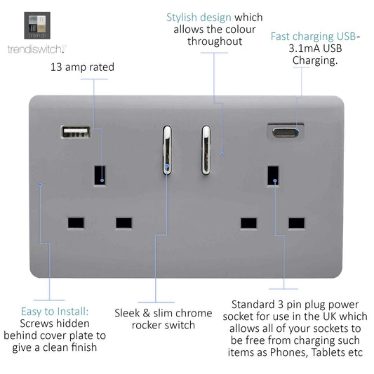 Trendi Switch 2 Gang Type A & C USB 3100mA Modern Designer Plug Socket in Platinum Silver