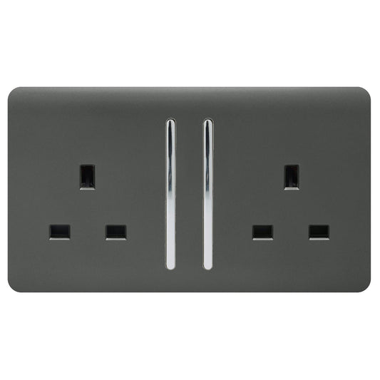 Trendi 2 Gang Artistic Modern Glossy 13 Amp Switched Tactile Plug Socket Charcoal (7 Pack)