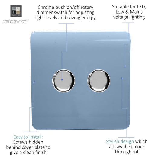 Trendi 2 Gang 2 Way 240V 100w LED Dimmer Screwless Raised Front Plate Plastic Artistic Modern Glossy 10 Amp Chrome Single Electrical Wall Light Switch in Sky - ART-2LDMSK