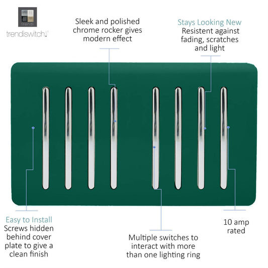 Trendi Artistic Modern Glossy 8 Gang 2 Way Rocker Double Plate Tactile Light Switch Dark Green