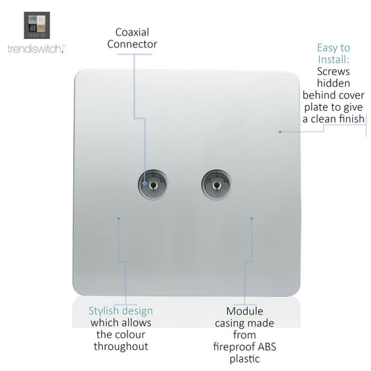 Trendi Artistic Modern Glossy Tactile TV 2 Gang Socket Silver ART-2TVSSI