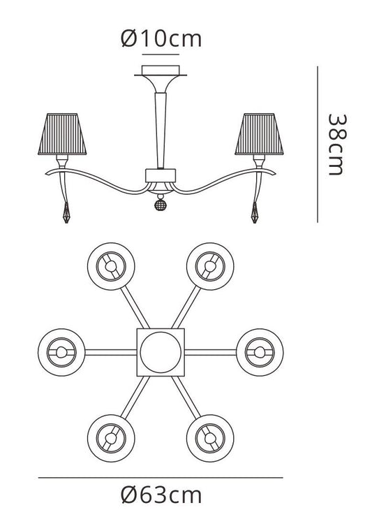 Mantra Siena 63cm Semi Flush Round 6 Light E14, Polished Brass with Amber Cream Shades and Clear Crystal
