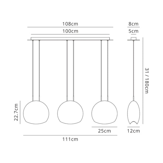 Mantra Lens Linear Pendant, 3 x E14 (Max 40W) Chrome Glass