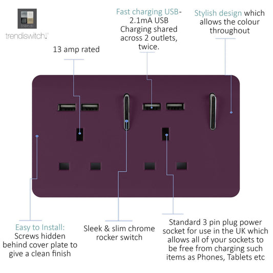 Trendi 2 Gang Artistic Modern Glossy 13 Amp 4x2.1mA USB Switched Tactile Plug Socket Plum