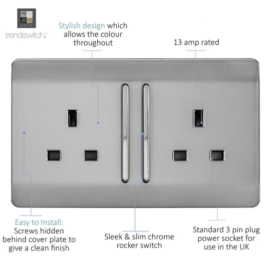 Trendi 2 Gang Raised Artistic Modern Glossy Screwless 13 Amp Single Pole with Chrome Switched UK Standard Electrical Double Wall Plug Socket in Brushed Steel - ART-SKT213LBS