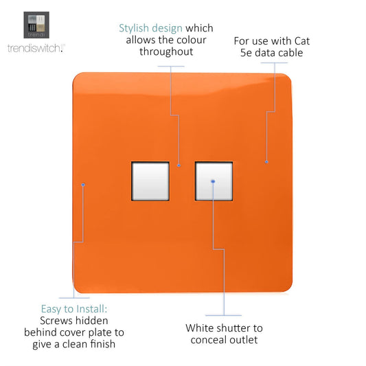 Trendi Artistic Modern Glossy 2 Gang Tactile RJ45 Cat 5e&Cat 6 PC Ethernet Socket Orange