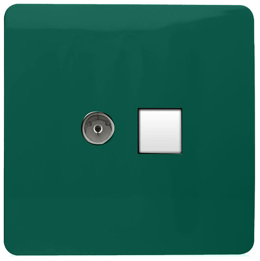 Trendi Artistic Modern Glossy Tactile TV Co-axial Socket + Telephone Socket Dark Green