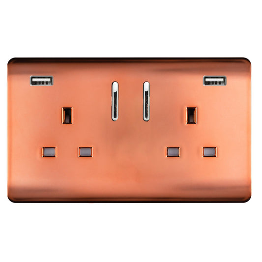 Trendi 2 Gang Artistic Modern Glossy 13 Amp 2 x 3.1mA USB Switched Plug Socket Copper