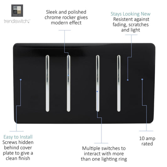 Trendi 4 Gang 3 Way Intermediate Artistic Modern Glossy 10 Amp Rocker Light Switch Piano Black