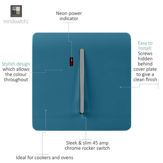 Trendi Artistic Modern Glossy 20 A Tactile Light Switch & Neon Insert Ocean Blue