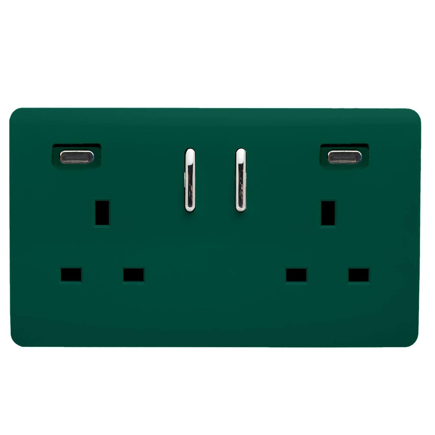 Dark Green Screwless 2 Gang Switched Double Socket 13A With 2 x USB-C 65W (Shared), (35mm Back Box Req.), 10yrs Warranty