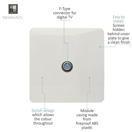 Trendi 1 Gang Modern Screwless Television Satellite Socket in White - ART-SATWH