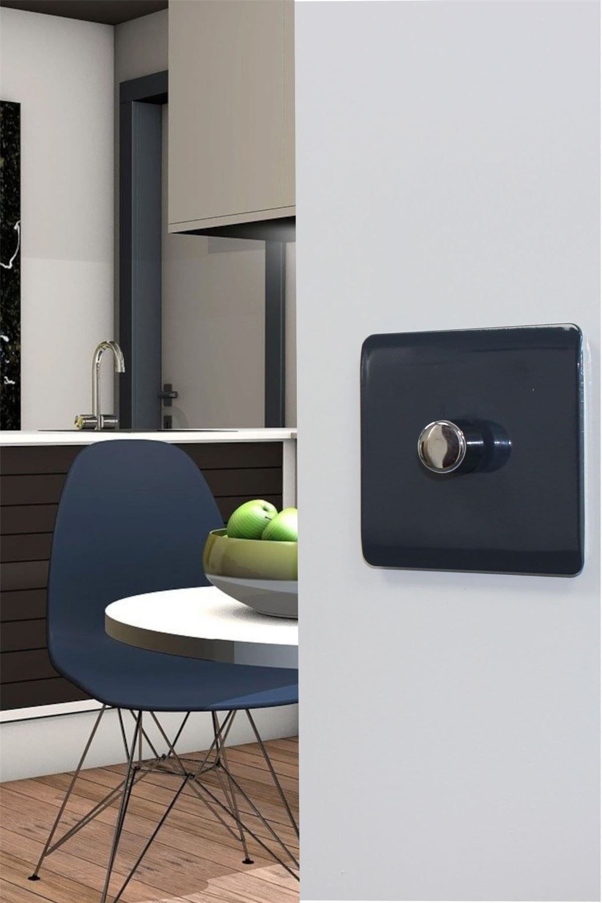 Trendi 1 Gang 2 Way 240V 100w LED Dimmer Screwless Raised Front Plate Plastic Artistic Modern Glossy 10 Amp Chrome Single Electrical Wall Light Switch in Navy - ART-LDMNV