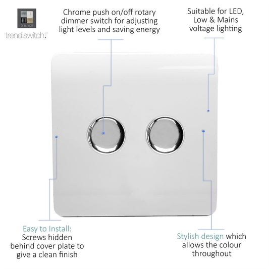 Trendi 2 Gang 2 Way 240V 100w LED Dimmer Screwless Raised Front Plate Plastic Artistic Modern Glossy 10 Amp Chrome Single Electrical Wall Light Switch in Ice White - ART-2LDMWH
