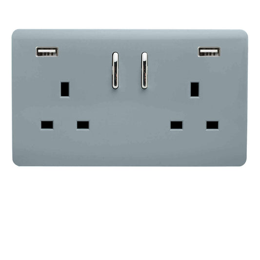 Trendi 2 Gang Artistic Modern Glossy 13 Amp 2 x 3.1mA USB Switched Plug Socket Cool Grey