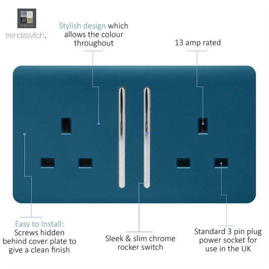 Trendi 2 Gang Raised Artistic Modern Glossy Screwless 13 Amp Single Pole with Chrome Switched UK Standard Electrical Double Wall Plug Socket in Midnight Blue - ART-SKT213LMD