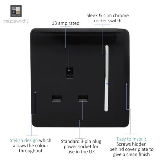 Trendi 1 Gang 13 Amp Switched Plug Socket Matt Black Soft Touch - ART-SKT13STB