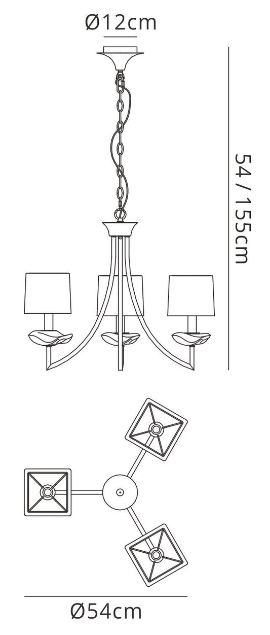 Mantra Akira 54cm Pendant 3 Light E14, Antique Brass with Cream Shades
